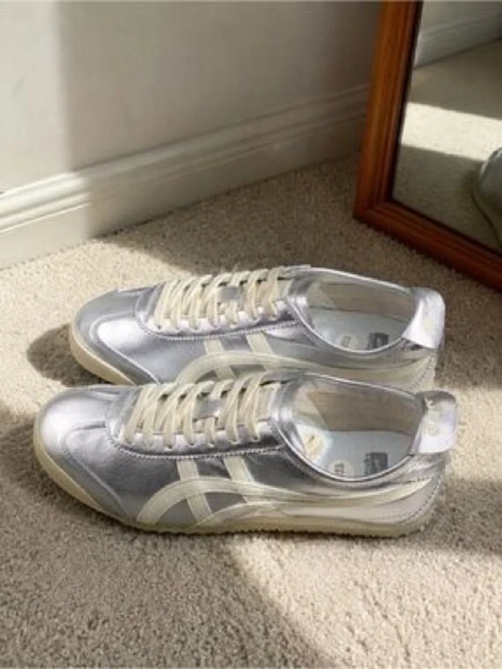 Onitsuka Tiger by Asics Women’s Silver Sneakers with Cream Stripes